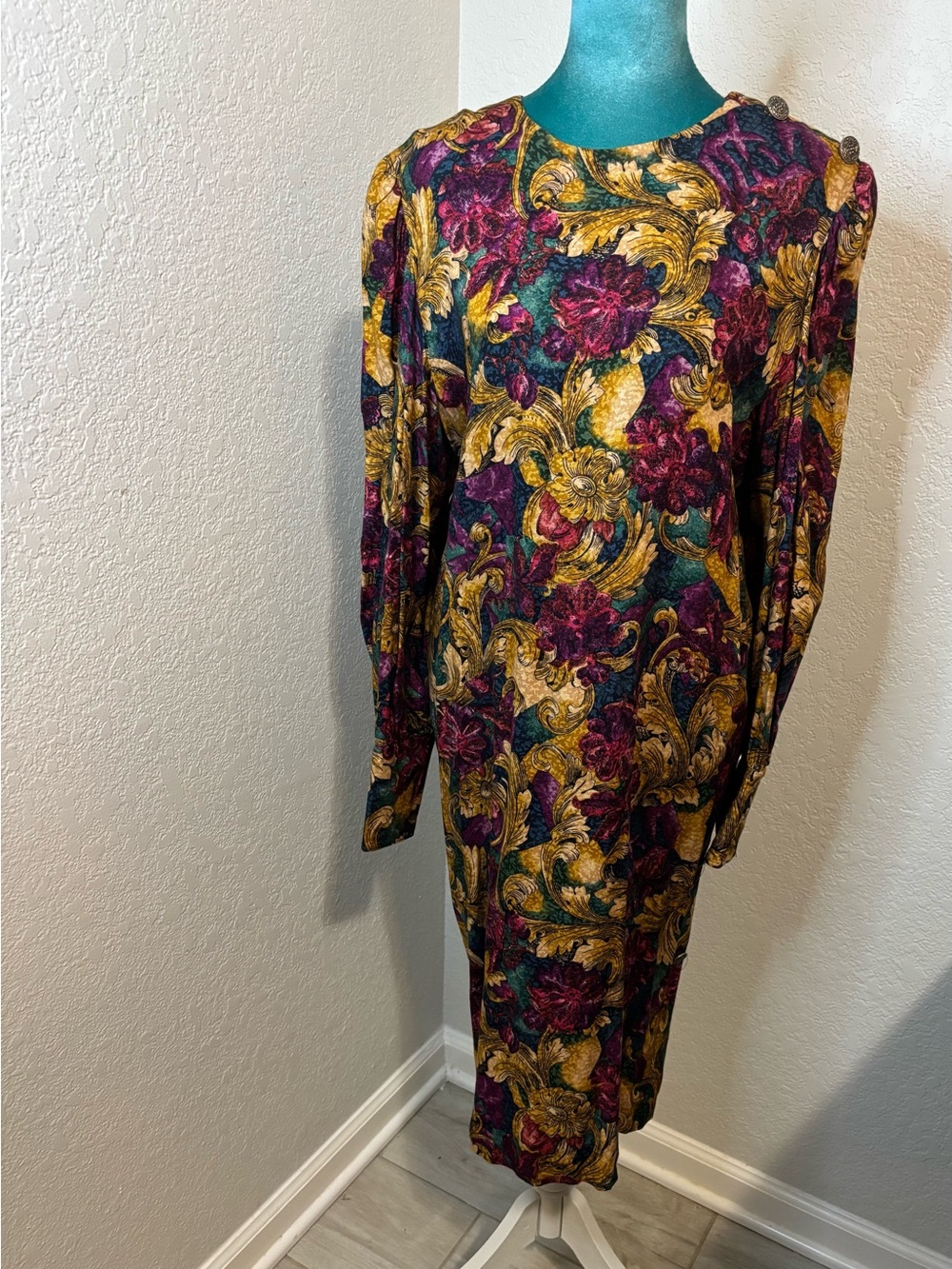 Vintage Lady Carol 80s Baroque Floral Midi Dress 12 Boho Cottagecore Fairy